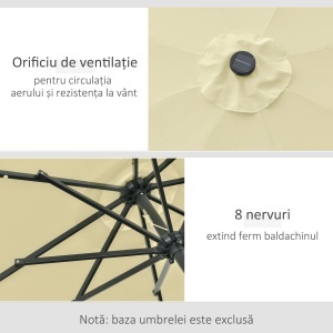 Umbrelă de Grădină Inclinabilă Ø265 cm cu 32 Lumini LED Solare și Manivelă, Umbrelă de Exterior cu 8 Spițe, din Oțel, Poliester, pentru Terasă, Curte, Balcon, Bej - Img 5