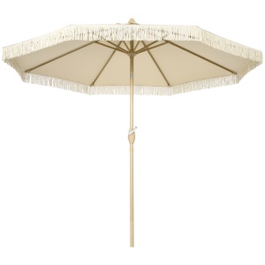 Umbrelă de Grădină Înclinabilă pe 3 Niveluri cu Franjuri, Manivelă și Tijă cu 2 Secțiuni, Ø265x244 cm, Crem - Img 1