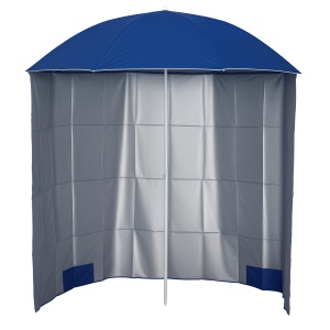 Umbrelă de Plajă cu Perdea Laterală, Săculeți pentru Nisip și Țăruși, Ø220x220 cm, Albastru - Img 1