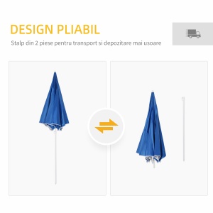 Umbrelă de Plajă cu Perdea Laterală, Săculeți pentru Nisip și Țăruși, Ø220x220 cm, Albastru - Img 6