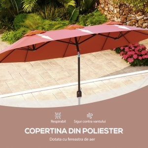 Umbrela de soare de gradina basculabila dubla cu deschidere cu manivela, copertina cu orificii de ventilatie si 12 nervuri, 295x152x222cm, rosu - Img 7