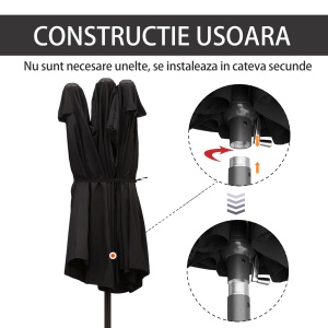 Umbrela de Soare Dubla de Gradina cu Deschidere prevazuta cu Manivela, Otel si Poliester, 460x270x240cm, Negru - Img 6