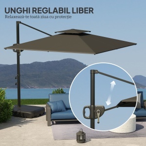 Umbrelă de Soare Suspendată cu Parte Superioară Dublă, Mâner cu Manivelă și Înclinare, 247x247x268 cm, Gri - Img 5