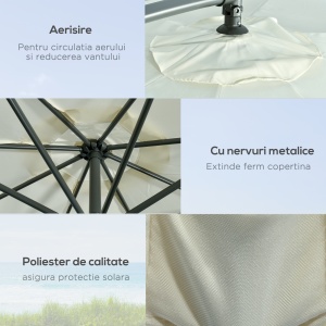 Umbrelă Suspendată cu Bază în Cruce, Greutăţi, Manivelă și Protecţie UV, Ø3x2.5 m, Bej - Img 6