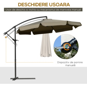 Umbrela Suspendată cu Copertină Reglabilă, Bază în Cruce, Orificii de Ventilaţie şi Manivelă, 2.7x2.7 m, Cafeniu - Img 4