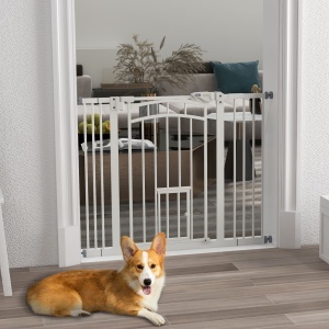 Uşa de Siguranţă pentru Câini, Barieră pentru Animale de Companie cu Ușă Mică pentru Pisici, 74-100x76 cm, Alb - Img 2