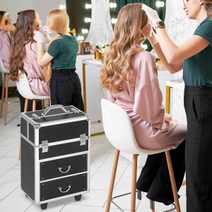 Valiza de make-up profesional din aluminiu si otel armat, cu incuietoare cu 2 chei si roti, negru 36x23x58cm - Img 4