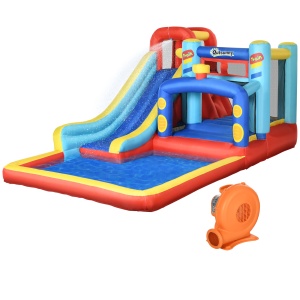 4 in 1 Castel Gonflabil pentru Copii cu Tobogan Piscina Trambulina Perete de Catarat, Casa Gonflabila cu Suflanta Geanta de Depozitare, 4,35 x 2,45 x 2 m