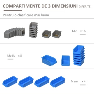44 de piese, montat pe perete, set de suport pentru unelte, cu cosuri de depozitare de diferite dimensiuni, panou de perete si carlige, albastru - Img 4