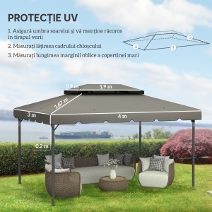 Acoperiș de Rezervă pentru Pavilion 4x3 m cu 2 Niveluri pentru Grădină, Copertină Rezistentă la Apă din Poliester 170g/㎡ cu 8 Găuri de Drenaj, Gri Deschis - Img 3