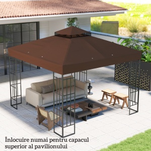 Acoperiș de Schimb pentru Foișor 3x3 m cu 2 Niveluri pentru Grădină, Copertină Rezistentă la Apă din Țesătură Oxford 370g/㎡ Anti-UV 30+ cu Orificii de Drenaj, Cafeniu - Img 8