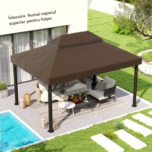 Acoperiș de Schimb pentru Foișor 4x3 m cu 2 Niveluri pentru Grădină, Acoperire Rezistentă la Apă din Material Oxford 370g/㎡ Anti-UV 30+ cu Orificii de Drenaj, Cafeniu - Img 7