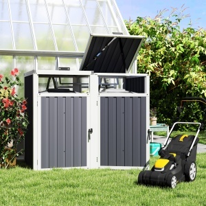 Acoperitor pentru Tomberoane de Exterior cu 2 Compartimente, Capac Rabatabil 180°, din Oțel Galvanizat, pentru Grădină sau Patio, 146x81x122 cm, Gri Închis - Img 2