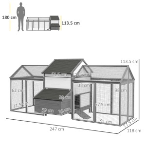 Adăpost din Lemn pentru Găini Ouașe de Exterior cu 2 Zone Laterale, Cuibar, Acoperiș Impermeabil, Tavă Glisantă, Loc de Odihnă, Uși și Rampă, pentru 2-4 Găini, 247x118x113.5cm, Gri - Img 3