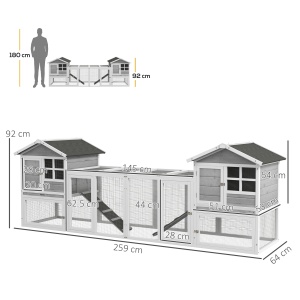 Adapost din Lemn pentru Iepuri pentru Exterior cu 2 Custi si Zona Deschisa Imprejmuita cu Usi si Rampe, 259x64x92 cm, Gri - Img 3