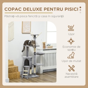 Ansamblu de joacă pentru pisici cu căsuță, stâlp de ascuțit gheare, platforme și 4 șoricei, 50x35x134.2 cm, gri - Img 4