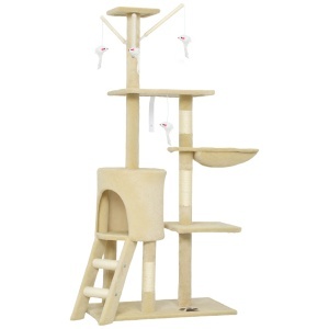 Ansamblu de joacă pentru Pisici cu Căsuță, Suport, Platforme și 4 Șoricei Suspendați, 60x35x134 cm, Bej