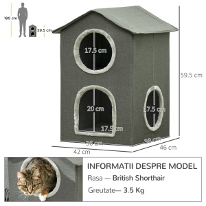Ansamblu de joaca pentru pisici cu strat dublu, pat pentru pisici de tip cabina cu perne moi care pot fi spalate, centru de activitati cu spatii multiple pentru pisici, gri - Img 3