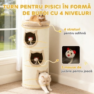 Ansamblu de Joacă pentru pisici de 96 cm înălțime, cu 3 căsuțe și un culcuș superior detașabil și lavabil, crem - Img 4