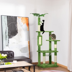 Ansamblu de Joacă pentru Pisici Multietajat cu Hamac, Stâlp de Zgâriat și Minge, 49x49x142 cm, Verde - Img 9