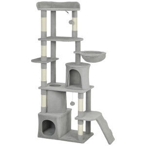 Ansamblu Mare pentru Pisici, 170 cm, cu 7 Stâlpi de Zgâriat, Tunel, 2 Căsuțe, Hamac, Platformă, Rampă, Pompoane, Gri Deschis - Img 1