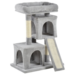 Ansamblu pentru pisici cu stalpi din sisal, pat si 2 case cu tapiterie de plus, 59x39x83cm, gri - Img 1