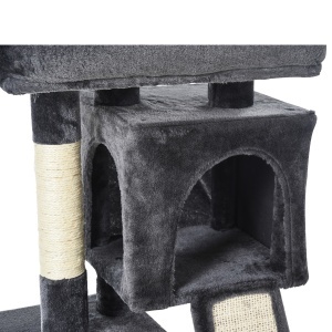 Ansamblu pentru pisici cu stalpi din sisal, pat si 2 Casute cu invelis de plus, 59x39x83cm, Negru - Img 9