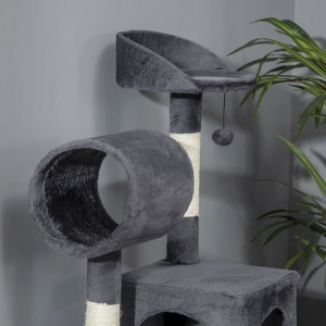 Ansamblu pentru pisici din plus si sisal cu stalpi pentru zgariat pisici, hamac, pat, tunel si minge de jucarie, 48x48x125cm, gri - Img 9