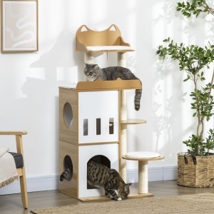 Ansamblul pentru pisici MDF cu stalpi de zgariat din sisal, 2 casute pentru pisici, platforme si minge de joaca, 60x48x133 cm, alb si stejar - Img 2