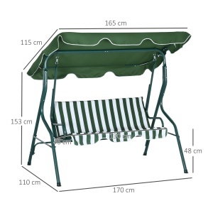 Balansoar cu 3 Locuri cu Acoperis Reglabil si Perne Tapitate, Leagan de Gradina din Otel si Poliester, 170x110x153 cm - Img 3
