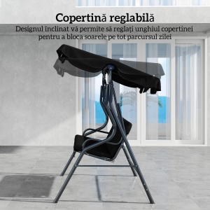 Balansoar de Grădină 3 Locuri cu Acoperiș Reglabil și Perne Moi din Poliester, Capacitate 240 kg, 170x110x153 cm, Negru - Img 4