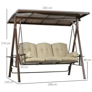 Balansoar de Gradina 3 Locuri din Otel si Poliester cu Baldachin Rabatabil din PC si Perne pentru Spatar si Brate, 208x120x174 cm, Maro si Kaki - Img 3