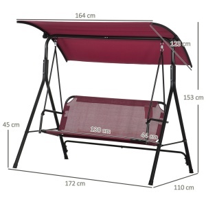 Balansoar de Grădină cu 3 Locuri, Copertină Parasolar Reglabilă și Șezut Respirabil, 172x110x153 cm, Roșu Vin - Img 3