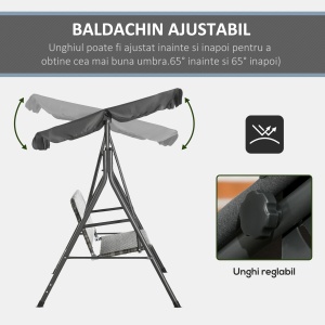 Balansoar de Grădină cu 3 Locuri și Parasolar Reglabil, 167x112x153 cm, Gri Închis - Img 6
