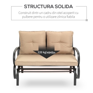 Balansoar de Gradina pentru 2 Persoane cu Perne Capitonate pentru Sezut cu Spatar, 122x70x87cm, Kaki - Img 6