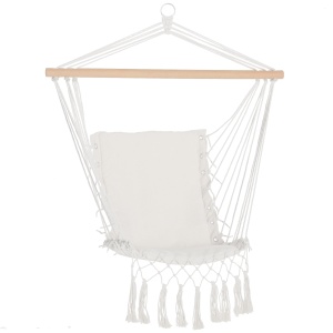 Balansoar Suspendat din Țesătură cu Ciucuri și Bară din Lemn de Plop, 90x50 cm, Crem - Img 1