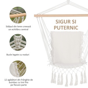 Balansoar Suspendat din Țesătură cu Ciucuri și Bară din Lemn de Plop, 90x50 cm, Crem - Img 6