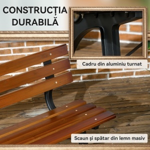 Bancă cu 2 locuri, pentru grădină și terasă, fontă de aluminiu + lemn natural, 120 x 57 x 70 cm, Maro - Img 5