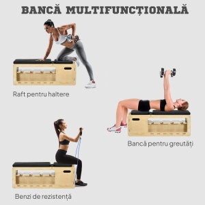 Bancă de Antrenament din Lemn cu Suport pentru Gantere și Benzi de Rezistență, Bancă Fitness Reglabilă pentru Acasă - Img 4