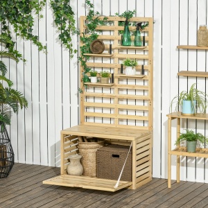 Bancă de Depozitare pentru Grădină din Lemn de Brad cu Spalier Integrat și 4 Rafturi, Bancă de Depozitare Exterior Impermeabilă cu Închidere Magnetică, 80x45x160 cm, Culoare Lemn - Img 2
