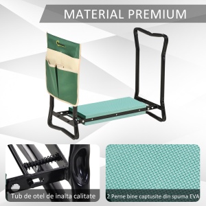 Bancă de grădină 2 în 1 cu protecție pentru genunchi, pernuțe din spumă EVA și geantă pentru depozitare, 58x28x49 cm, Verde - Img 7
