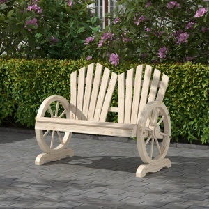 Bancă de Grădină pentru 2 Persoane cu Mânere în Formă de Roată, Bancă de Exterior din Lemn de Brad, pentru Terasă și Curte, 108x66x95 cm, Finisaj Lemn Natural - Img 2