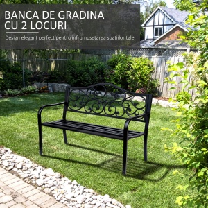Banca pentru exterior din metal, 127x60x89cm, negru - Img 4