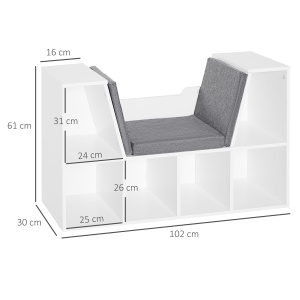 Bibliotecă 2 în 1 cu Perne Confortabile și 6 Compartimente, Mobilier Multifuncțional pentru Cărți și Jocuri, Raft cu 6 Cuburi pentru Sufragerie, Dormitor și Birou, 102x30x61 cm, Alb - Img 3
