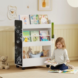 Bibliotecă pentru Copii 3-8 Ani pe Două Părți, Raft de Jucării cu Roți și Tablă Neagră, Alb - Img 2