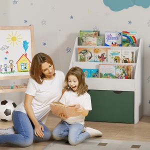Bibliotecă pentru Copii cu Rafturi, Sertar, pentru Dormitor, Cameră de Joacă, Alb și Verde - Img 2