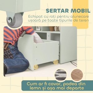 Bibliotecă pentru Copii cu Rafturi, Sertar și Roți, Raft pentru Jucării și Cărți, 60x29.9x90 cm, Verde - Img 6