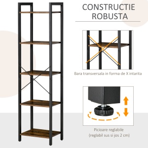 Bibliotecă stil industrial cu 5 rafturi din lemn și oțel, 40x30x154cm - Maro rustic - Img 5