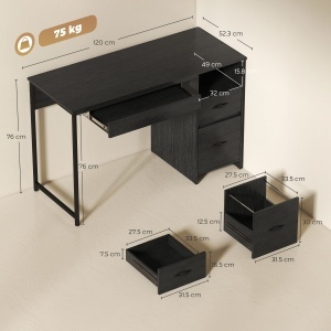 Birou Gaming Industrial, 120x52,3cm Stație Gaming cu Suport Tastatură, Compartiment Deschis și Sertare pentru Documente Format A4 Letter Legal, Masă Computer pentru Birou Acasă, Negru - Img 3