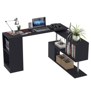 Birou L cu Rafturi 360° – Lemn Negru, Modern & Practic